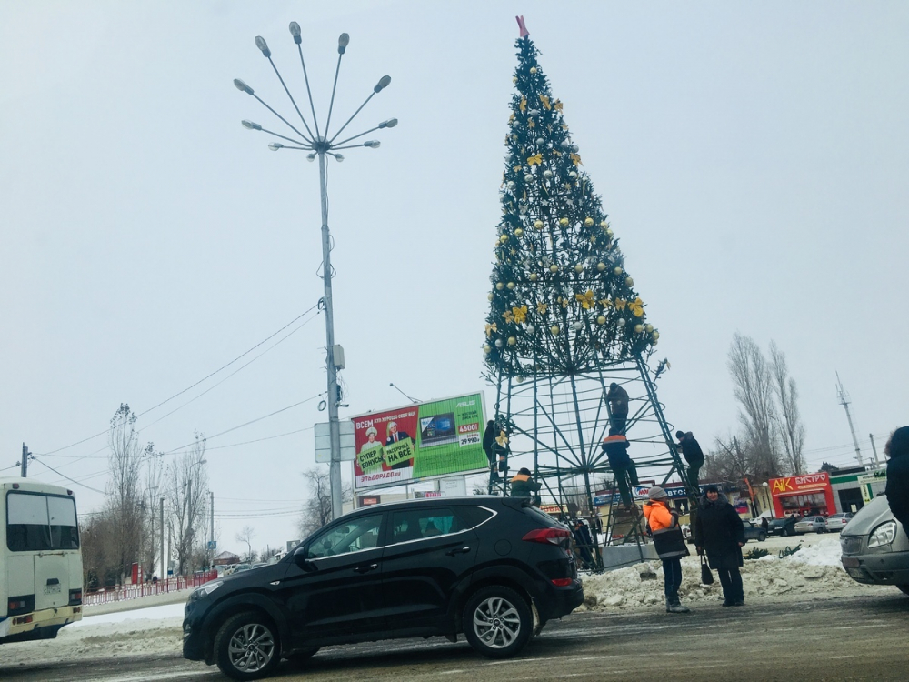 В Камышине на Комсомольской площади монтируют главную елку города В Камышине на Комсомольской площади монтируют главную елку города